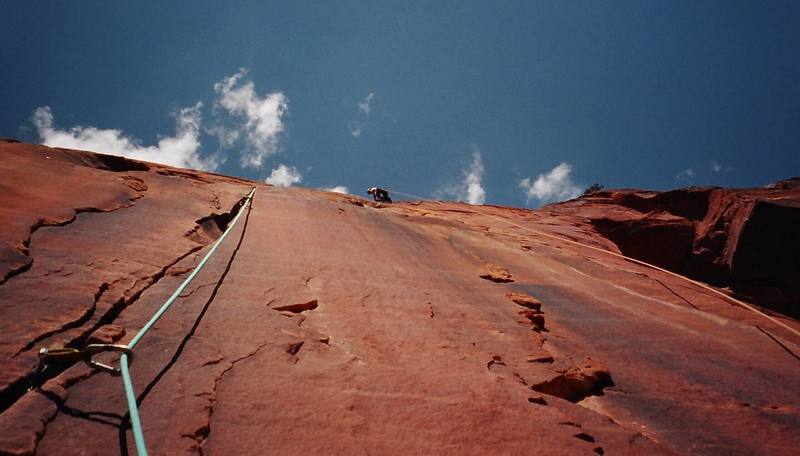 Climbing the lone crack system on Spaceshot