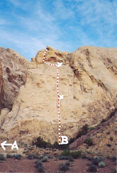 The Route. A). To Triple slab Buttress. B). Haste Not 5.8+