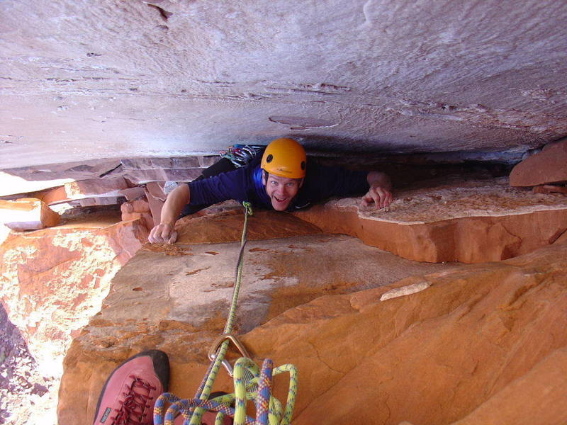 Anders stuck in the chimney on pitch one. The Euro sport climber is still having fun in the chimneys!