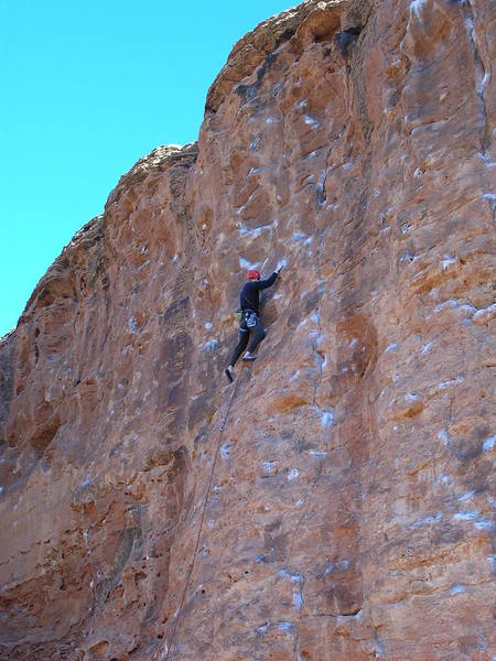 The route. The crux is moving left to a hidden pocket and through the steep finish.