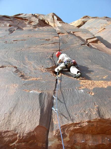 Rich Farnham, having just finished the boulder problem start, on an unsuccesful attempt on Bachelor Party. Photo by Amy Farnham