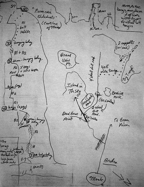 Ed Webster's original topo before he freed the route, showing the original approach. I've included this for historical interest.