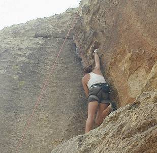 This is me on the top crack section of Boulder Dash...very fun climb and great for hot days! It's in the shade in the afternoon.<br>