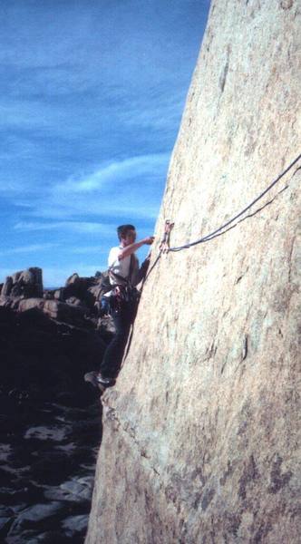Dave Hamilton approaching the runout (for the follower) end of pitch 3 on I Can't Believe It's A Girdle, JT.