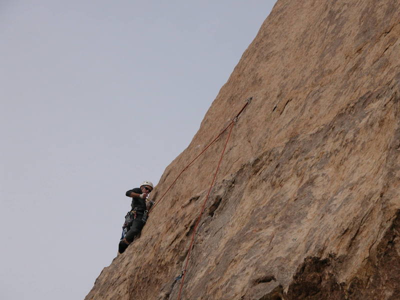 Graham breathing easy now that the traverse is <br>
finished and knowing he didn't use the old bolt hole <br>
as a hold!