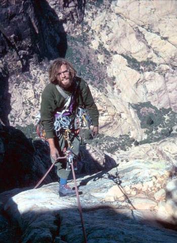 Joe Herbst on pitch 13, first ascent of the Rainbow Wall.