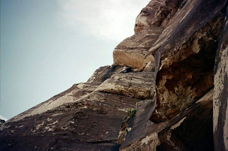 A pic of the really nice fourth pitch of Frogland. Mark is traversing under the giant roof, which is probably the route's crux.
