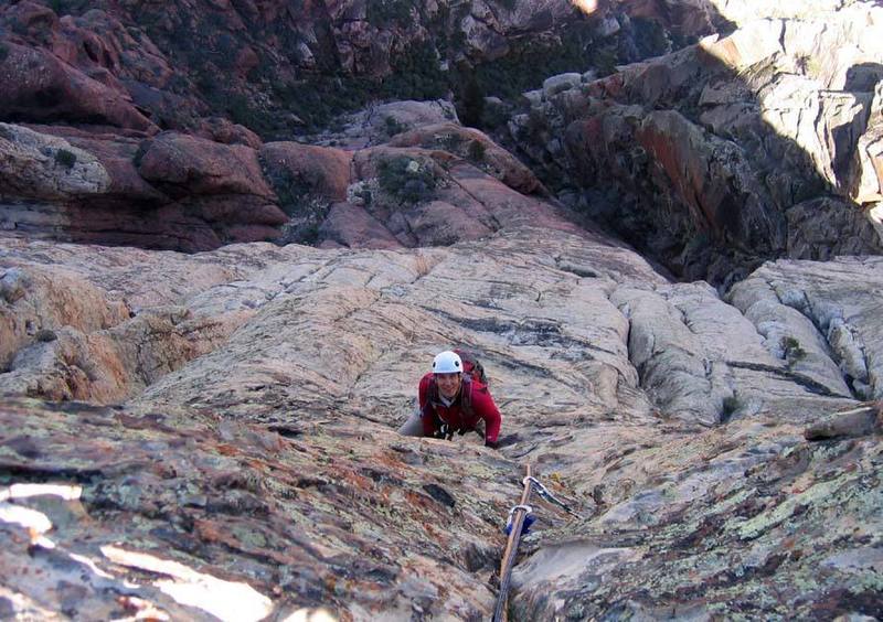 Looking down from the top belay. The entire route is visible below.