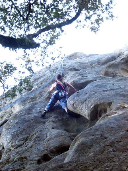Sallie high up starting the 5.9 steeper section.