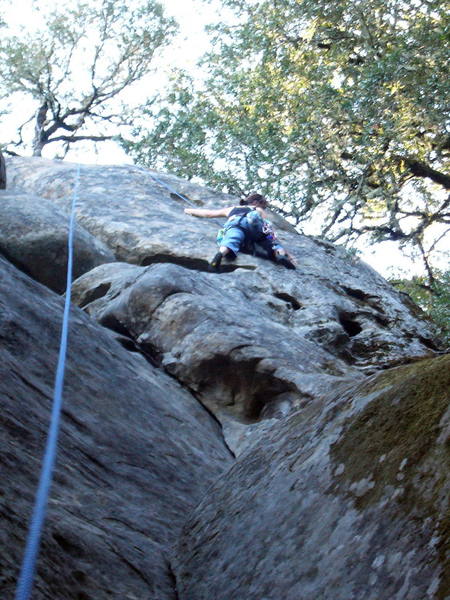 Sallie, high up about to attempt the crux moves.