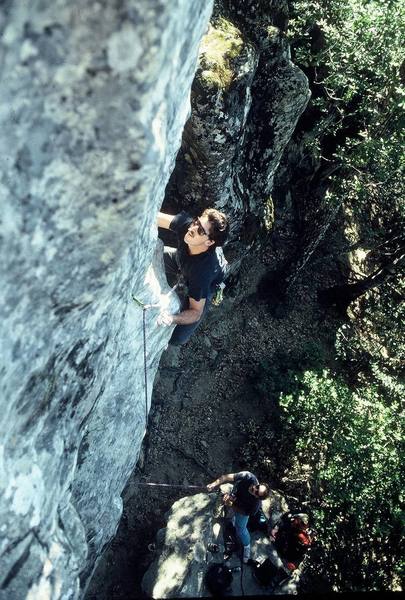 Brad Watson on the FA of "Skill Saw Gourmet" (5.11d) named to honor the late Jeffrey Dahlmer. The pumpy part is where you might take a fall.