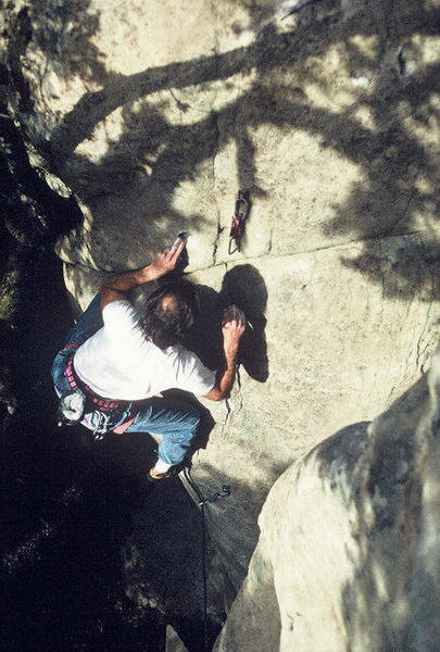 Dave Caunt leading the first ascent of the "Corn Muffin" (5.10d), the Muffins, Castle Rock State Park, California