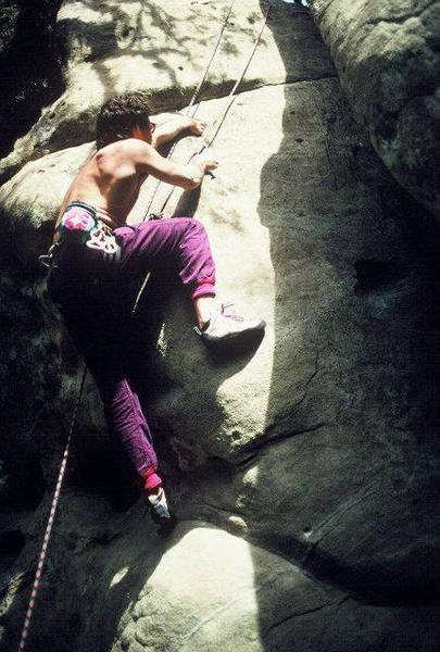Brad Watson beginning the initial lieback moves on the "Burnt Muffin" (5.11b)