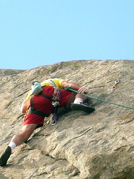 Dada was complaining that it was very thin up there and that he was getting tired. Looks like big holds to me! Only kidding, that stance is thin and a bit scary to clip!