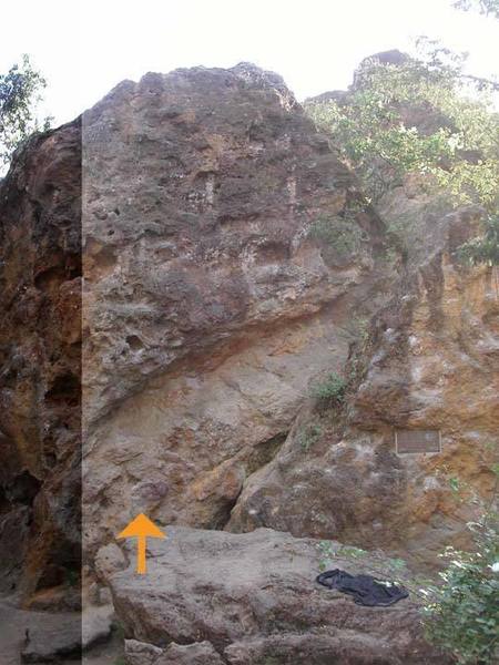 The Left Overhang just right of the bucket prow. Climbing the shaded area (which is the Bucket Prow) is off.