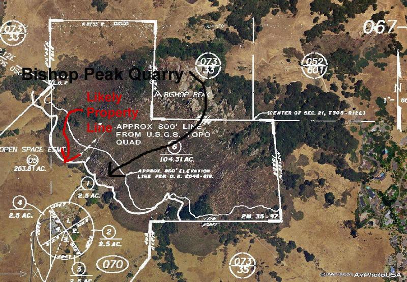 The infamous Bishop Peak Quarry. The Red arrow shows the most likely location for the property line. It appears the quarry is nearly to completely on private land.