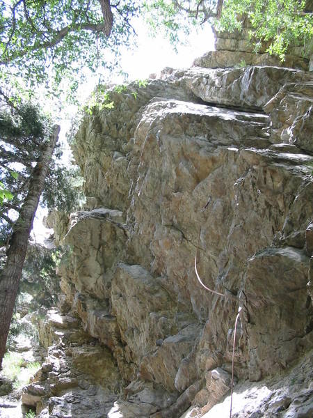 Overhanging south face of the Slips. Rope is on Witchhunt (5.10a)