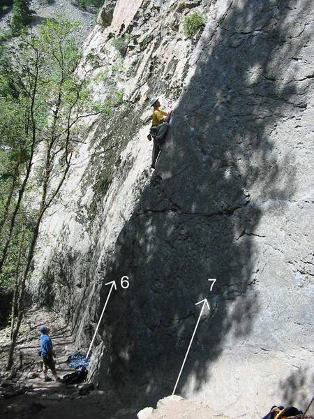 Unknown climber on 6. Italian Arete (5.6) and the start of 7. Entre Nous (5.8)