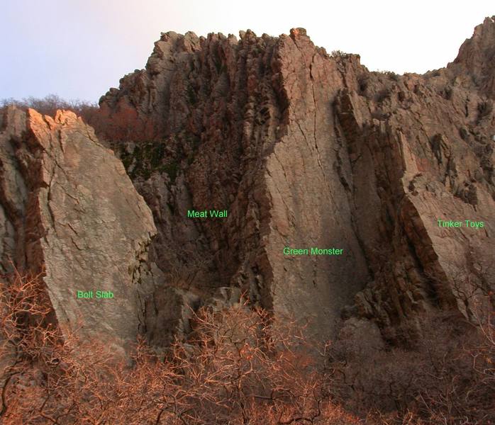 Green Monster Buttress area as taken from the main trail looking Southeast. Main walls for the buttress are shown.