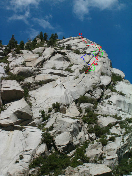 Tingey's Torture Red is preferred route, Green is variations and blue is funky ass squeeze chimney that we got off route on. "O" is natural anchors