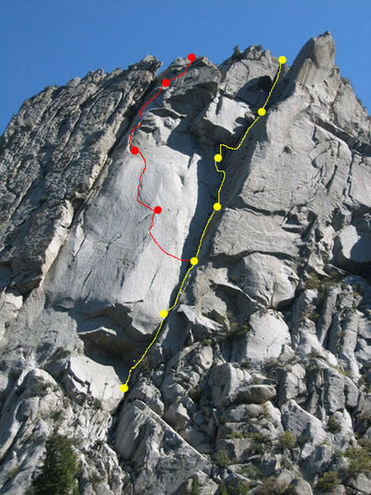 Ellsworth-McQuarrie route in yellow, Arm and Hammer in Red.  Dots are approximate belay positions.
