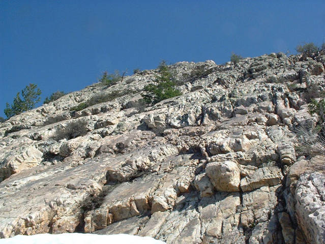 The top of the West Slabs. This pic is looking up the easier rock that we did unroped after 10 pitches. Probably about 2 pitches left worth of rock.