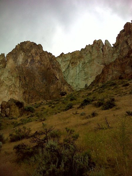 Looking up into the "cups" of the Smith Rock Group.  The coloration of the different rock type, the rough texture of erosion gives this area particularly striking scenery.