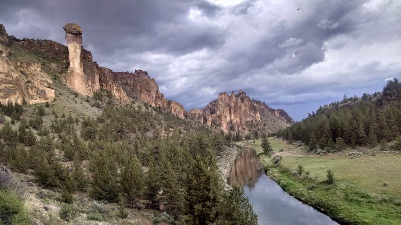 Looking at the back side of Monkey Face pinnacle and Smith Rock Group just before a thunderstorm.