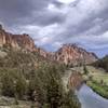 Looking at the back side of Monkey Face pinnacle and Smith Rock Group just before a thunderstorm.
