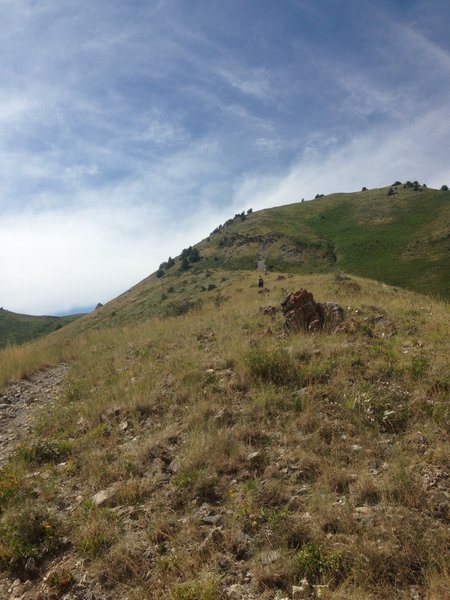 A view up the steep, rocky trail in early August (if you look closely, you can see two people farther up the trail)