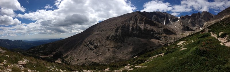 The trail on the far right as it crosses over the ridge of Mills Moraine.  Long's Peak in the upper right with Mt. Meeker in the middle sloping down to the left.