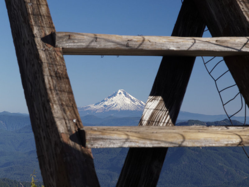 Mt. Hood peeks out from the Bull of the Woods Lookout.