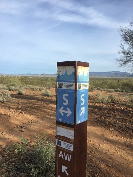 Trail marker with Code, GPS coordinates, and elevation info.