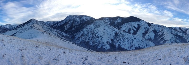 A panorama of part of the Bear River Range from a knoll just above the Smithfield-Birch Canyon Connector Trail.