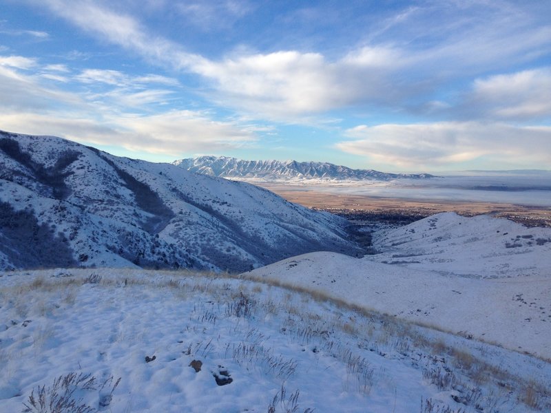 A view down Birch Canyon and out into Cache Valley, including a great view of the Wellsvilles from a knoll above the Smithfield-Birch Canyon Connector Trail.