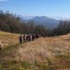 Volunteers and staff out working on the trail. View is East towards Prather and the Kings River watershed.