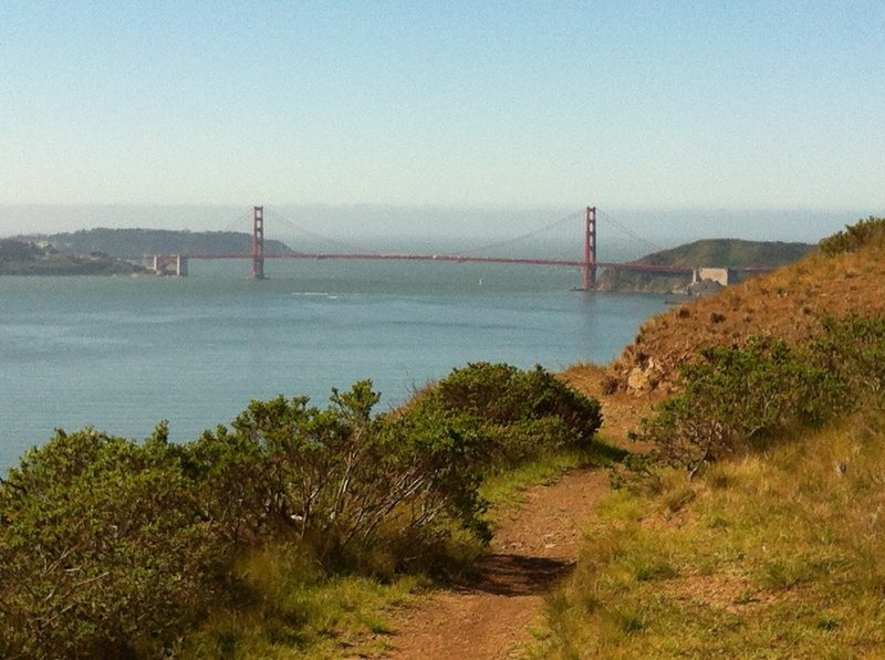 A spot on the trail with the Golden Gate Bridge in the background.