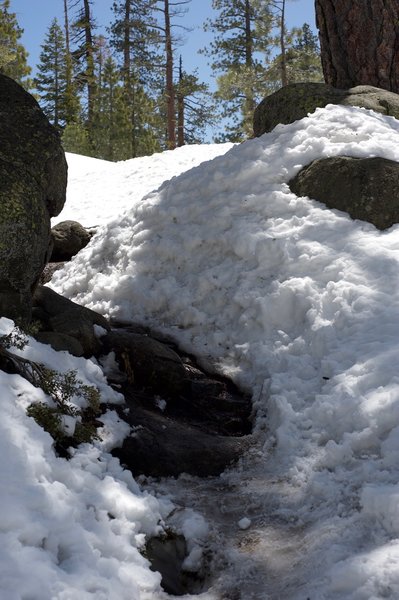 Snow can be found at the upper parts of the North Rim trail even if the rest of the trail is clear.   Always ask about trail conditions before heading up a trail out of the Valley.