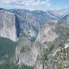 A view from Crocker Point over the edge. You can see Bridalveil Falls, El Capitan, 3 Brothers, Clouds Rest, Half Dome, and other famous formations. It's a great view looking back up the valley.