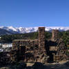 View of the Ruins, the Estes Park theater tower, and RMNP in the distance.