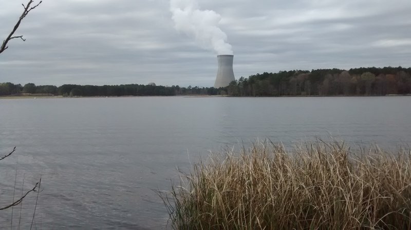 A view of the Harris lake plant cooling tower and containment building