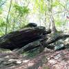 One of the first captivating rock outcroppings hikers encounter on this trail (near IF 14).<br>
It is thought that primitive peoples may have used these formations as shelters.