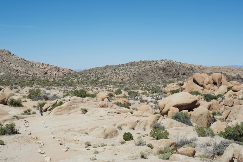 The trail can be hard to follow in places.   Here, rocks mark the path as it moves across smooth rocks.