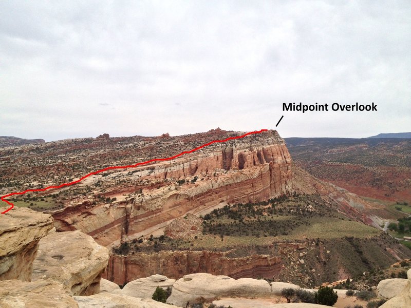 Second half of the trail, looking back at the midpoint overlook from near the top.