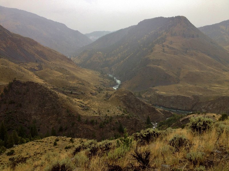 Looking into the Black Canyon of the Yellowstone on a gloomy day.