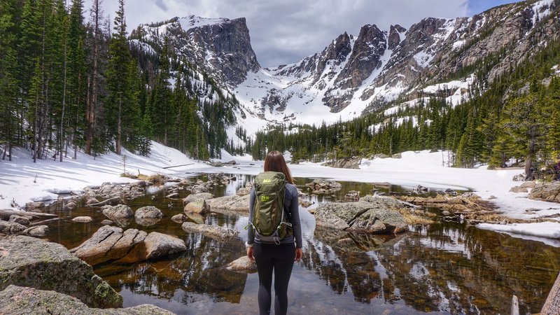Representing the REI NP Centennial backpack at Dream Lake, looking towards Flattop Mountain (right) and Hallett Peak (left).