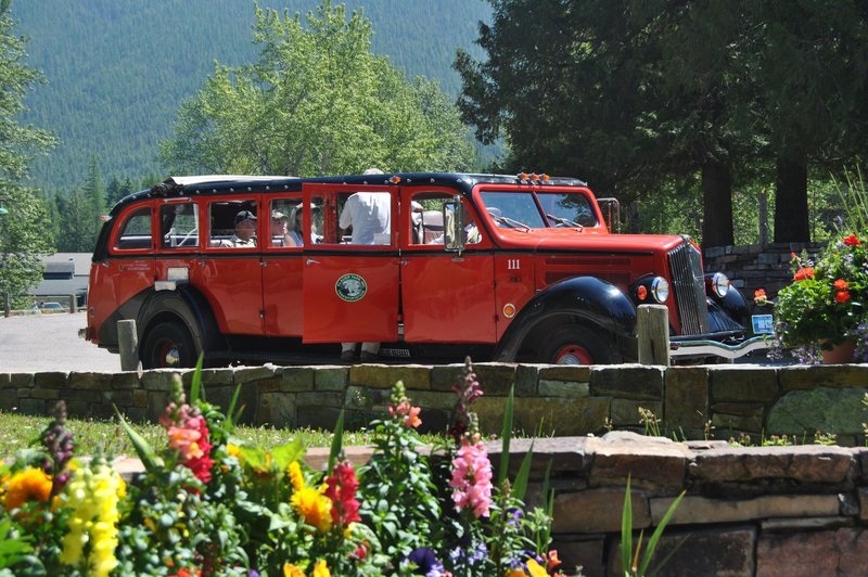 Red Jammer Bus at Lake McDonald Lodge.