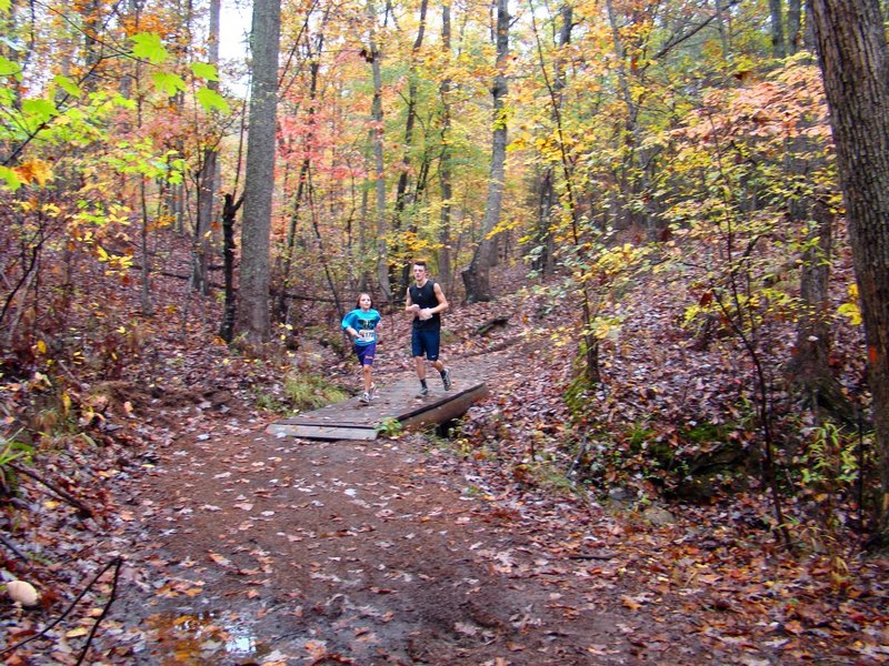The longest section of trail includes five bridges crossing over a small creek.