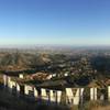Standing above the Hollywood Sign with the city in the background.