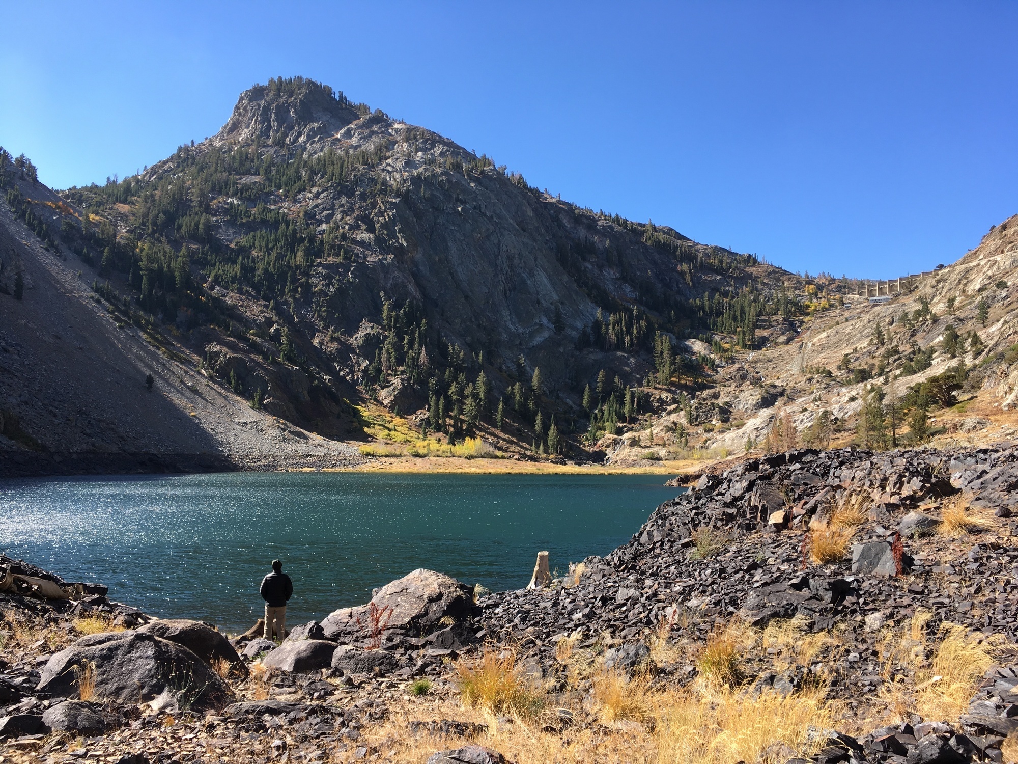 This is Agnew Lake, 8,500 feet. On the right you can see a dam that is ...